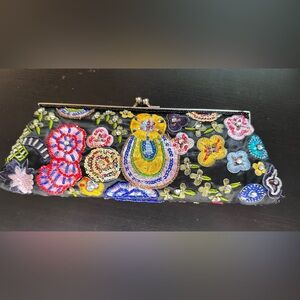 Vintage Embroidered and Beaded Floral Clutch